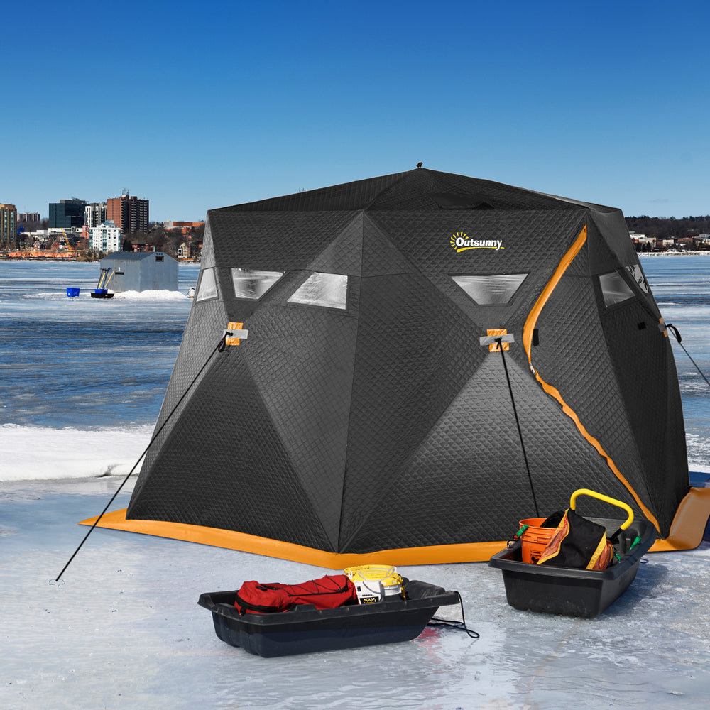Abri de pêche sur glace isolé pour 4 personnes portable et pliable avec sac de transport et deux portes pour des températures jusqu'à -30 °C, noir