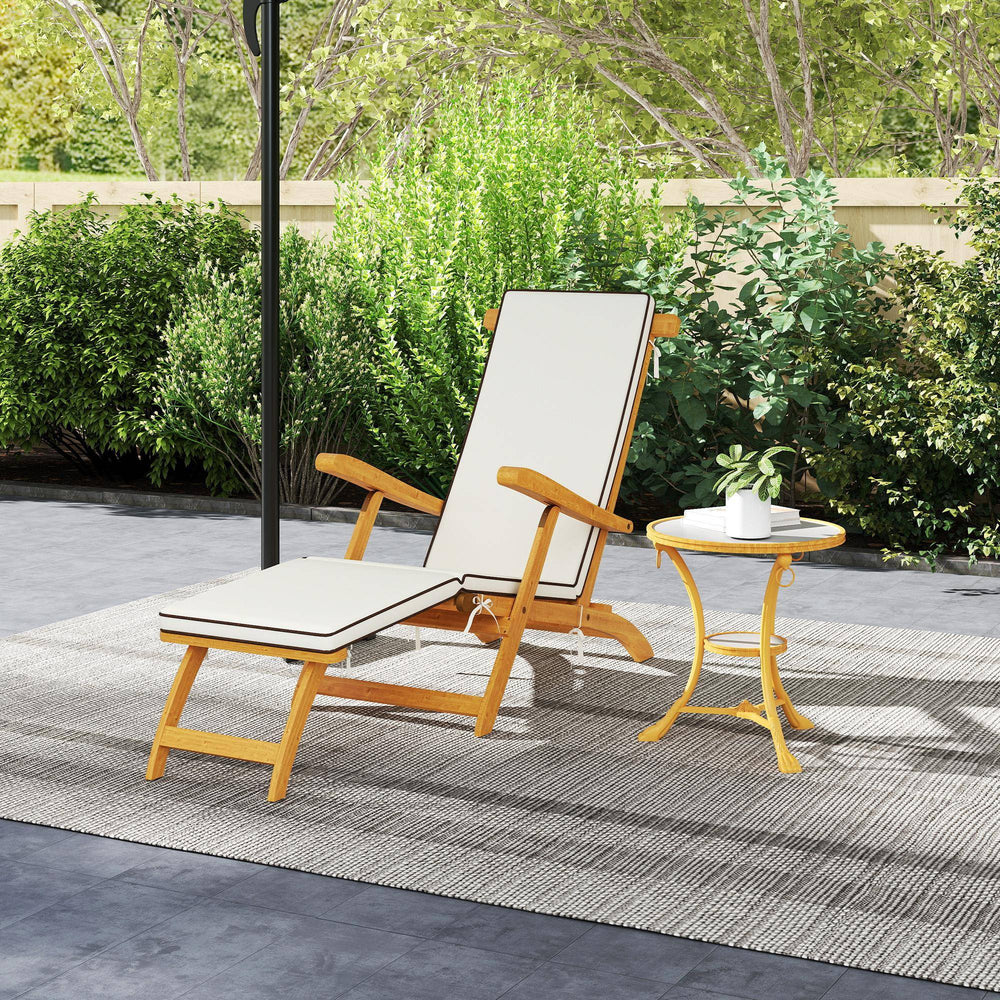 Chaise longue pliante avec coussin rembourré, inclinable en bois d'acacia avec repose-pieds pour jardin, blanc