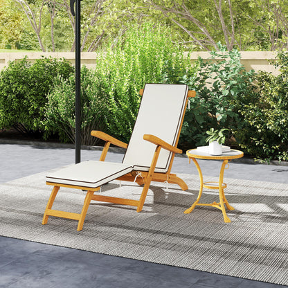 Outsunny Folding Sun Lounger with Padded Cushion, Acacia Wood Reclining Lounge Chair with Footrest for Garden, White