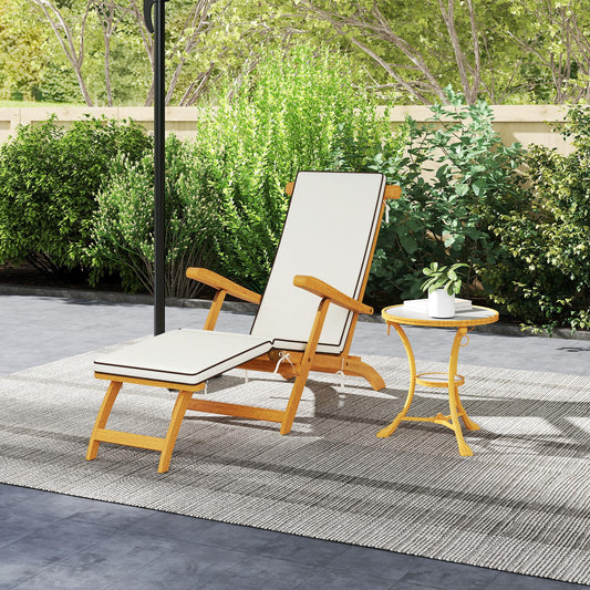 Outsunny Folding Sun Lounger with Padded Cushion, Acacia Wood Reclining Lounge Chair with Footrest for Garden, White