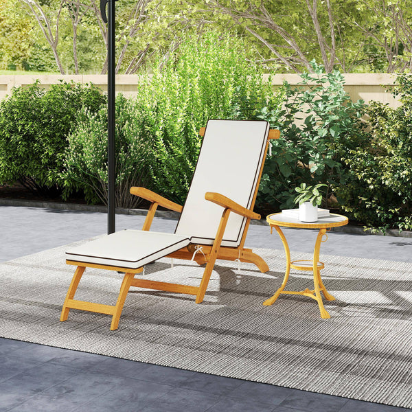 Chaise longue pliante avec coussin rembourré, inclinable en bois d'acacia avec repose-pieds pour jardin, blanc