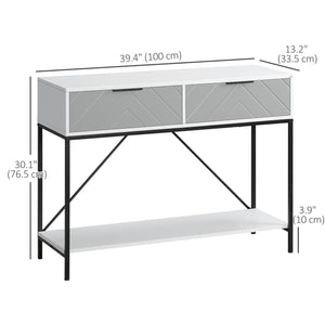 Console moderne avec 2 tiroirs, 2 niveaux avec étagère de rangement, blanc
