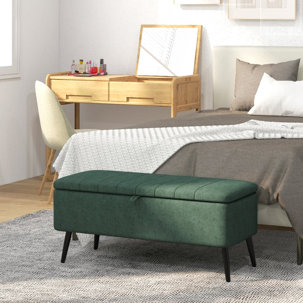 Pouf avec rangement rembourré en lin avec pieds en acier, vert foncé
