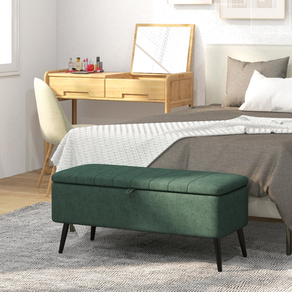 Pouf avec rangement rembourré en lin avec pieds en acier, vert foncé