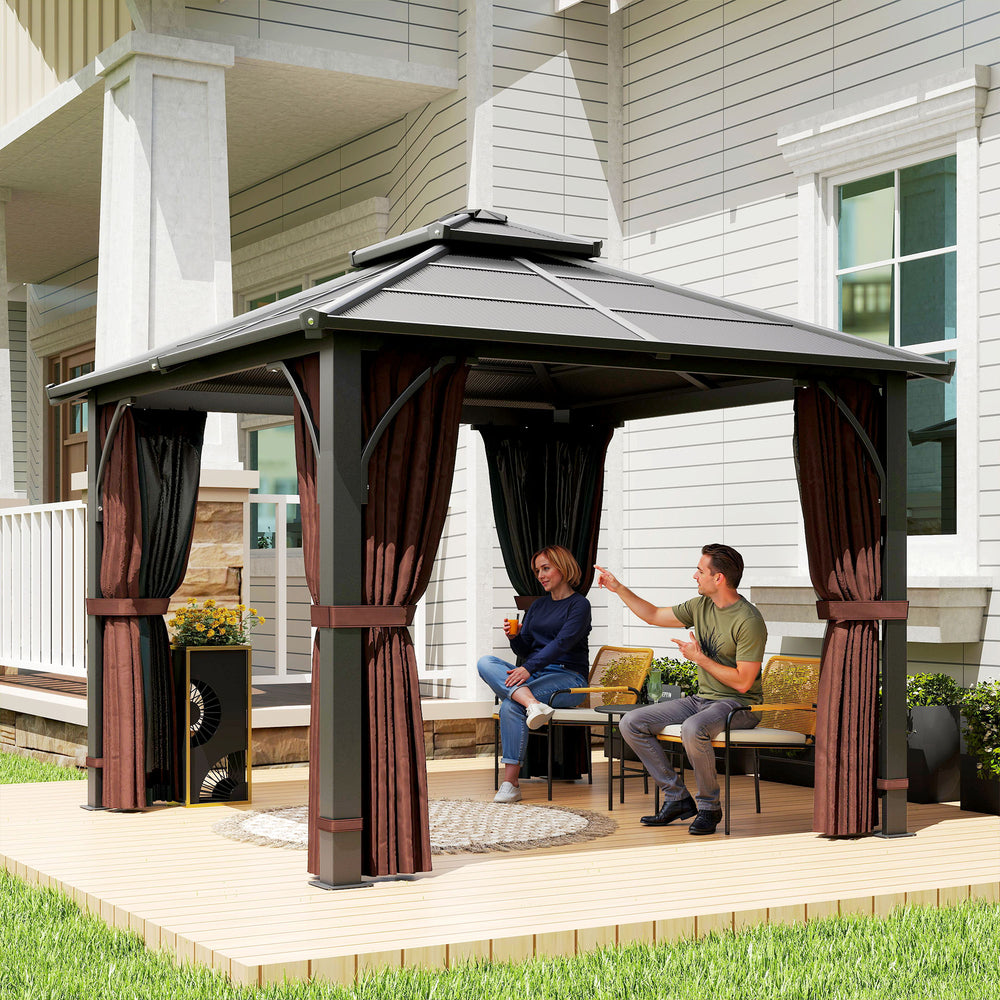 10' x 10' Hardtop Gazebo with 7mm Double Polycarbonate Roof, Outdoor Gazebo with Netting and Curtains, Coffee