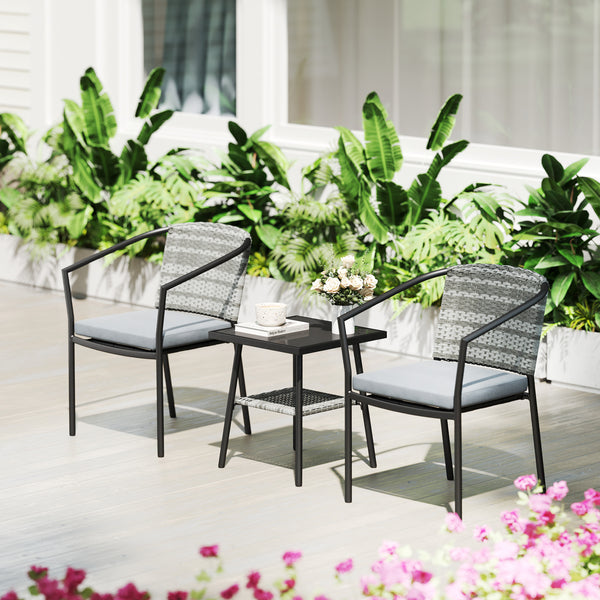 Outdoor Bistro Set, 3 Piece Wicker Patio Furniture Set with Armchairs, 2-Tier Glass Table, Cushions, Dark Grey