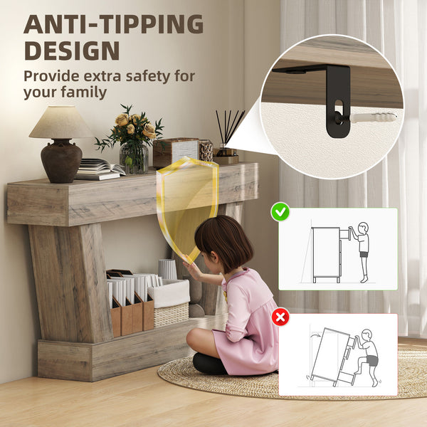 Vintage console table with open shelf for living room, light brown