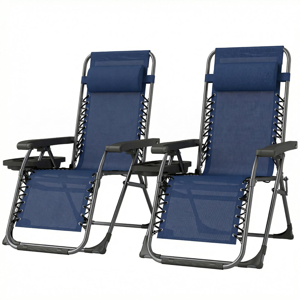 Ensemble de 2 chaises longues d'extérieur Zero Gravity, pliantes et inclinables, avec porte-gobelet et appui-tête, bleu foncé