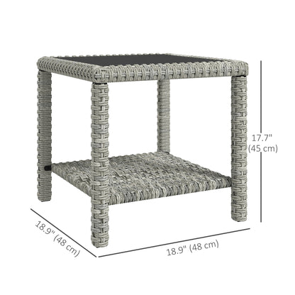 Table basse d'extérieur Outsunny 48 cm en osier avec plateau en verre et étagère de rangement pour jardin, véranda, balcon, terrasse, gris foncé