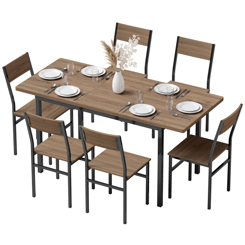 Extendable table with 6 chairs, brown and black wood effect