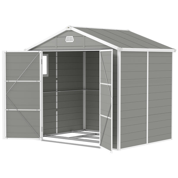 Abri de jardin en plastique avec porte à loquet, aérations, toit incliné, gris clair