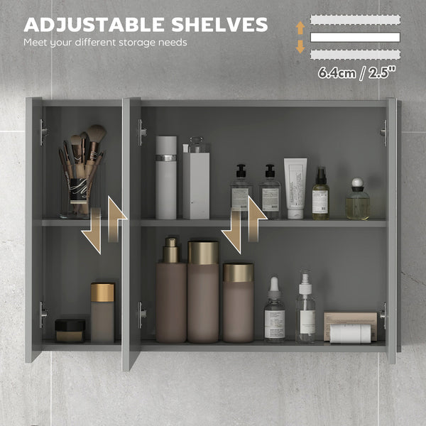 Armoire à pharmacie murale 35" x 24", avec miroir, 3 portes et étagères réglables, gris
