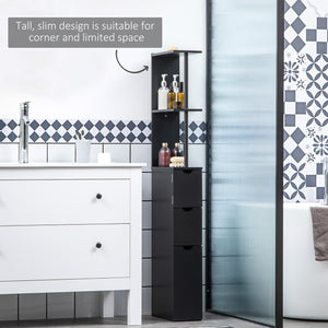 Narrow bathroom storage cabinet with drawers and open shelves for small spaces, black
