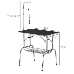 Stainless steel dog grooming table with adjustable arm and basket