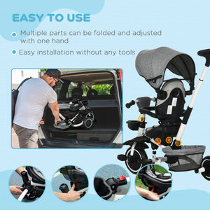 Tricycle 6 en 1 pour tout-petits de 12 à 50 mois, pliable, avec siège réglable, harnais de sécurité, auvent amovible, repose-pieds, gris
