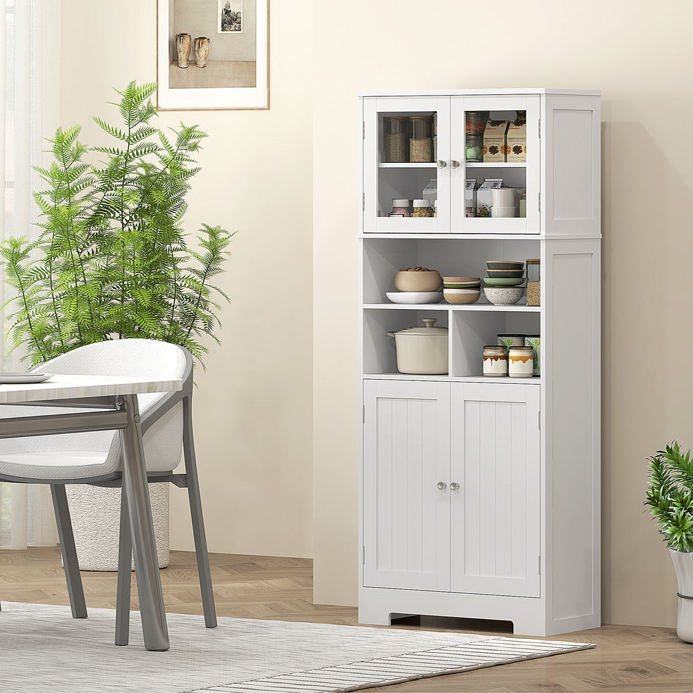 Garde-manger de cuisine avec portes vitrées, étagères réglables, compartiments ouverts, blanc