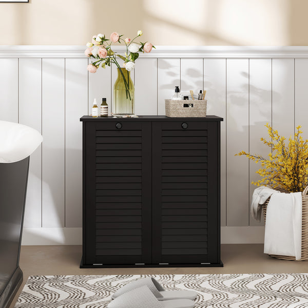 Armoire panier à linge basculant avec 2 paniers et 2 portes persiennes, noir