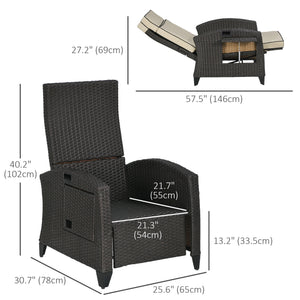 Outdoor Recliner Chair with Adjustable Backrest, Cushion, Side Tray, Khaki