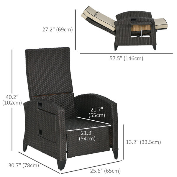 Outdoor Recliner Chair with Adjustable Backrest, Cushion, Side Tray, Khaki