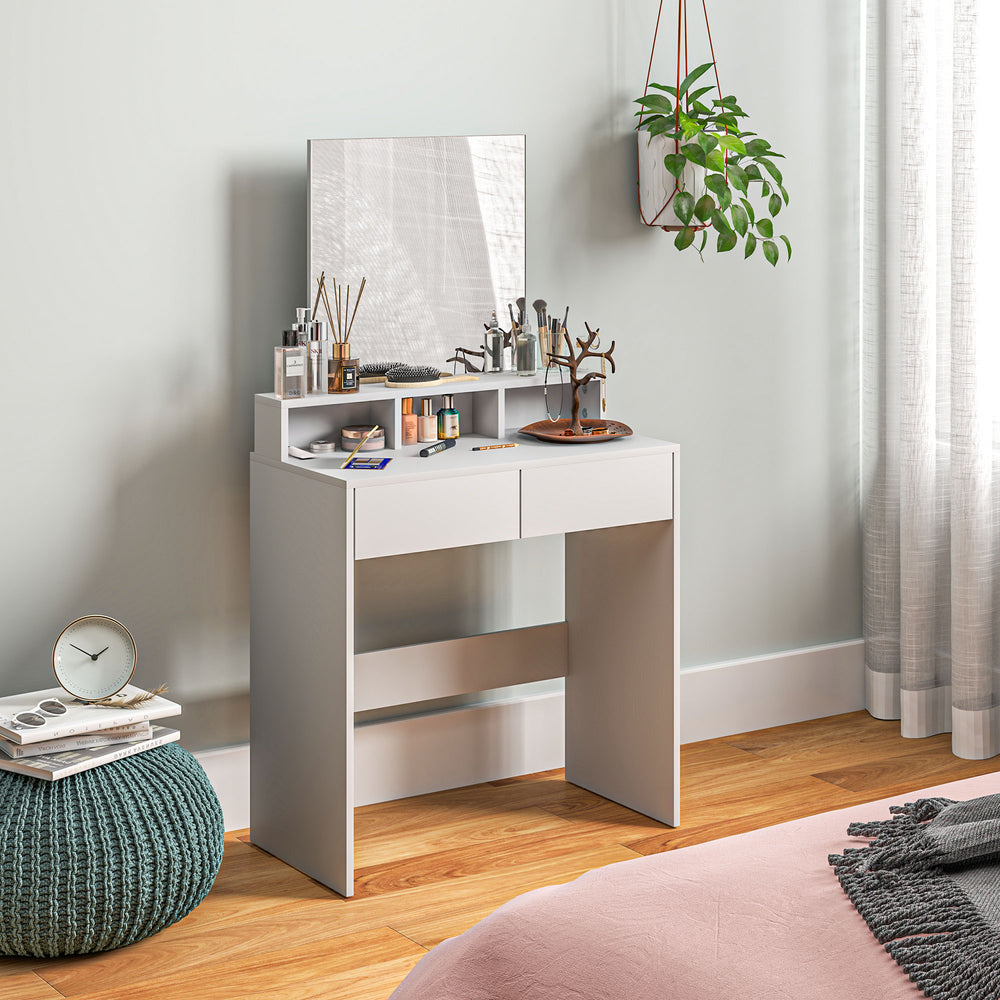 Coiffeuse avec miroir, tiroirs et compartiments, blanche