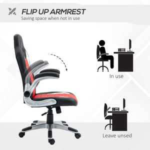 Chaise de gaming en cuir synthétique, hauteur réglable, accoudoirs relevables, roulettes pivotantes, rouge