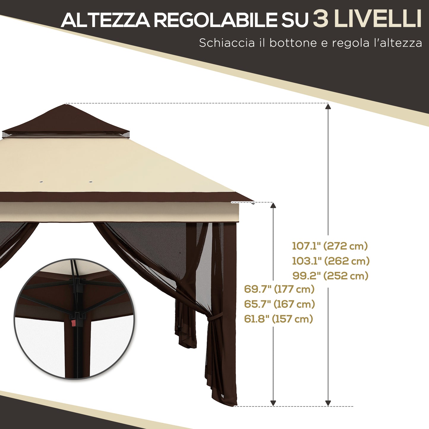 Gazebo pliant 3,3 x 3,3 m réglable avec toit UV30+, rideaux en maille amovibles, beige