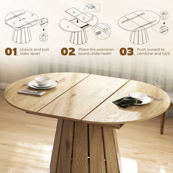 Extendable Dining Table, Round to Oval Convertible Kitchen Table with Storage Shelf for Dining Room, Natural