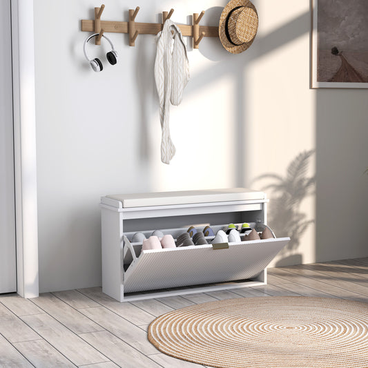 HOMCOM Hallway Bench with Upholstered Seat and Drop-Down Drawers, Load Capacity up to 120 kg, Storage for 8 Pairs of Shoes, White