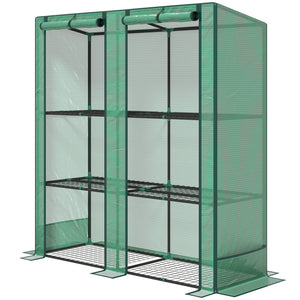 Lean-to greenhouse with 3-tier shelves, green
