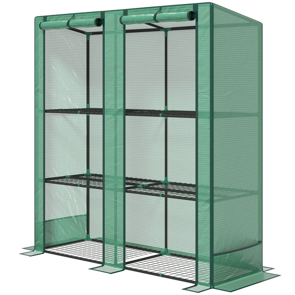 Lean-to greenhouse with 3-tier shelves, green