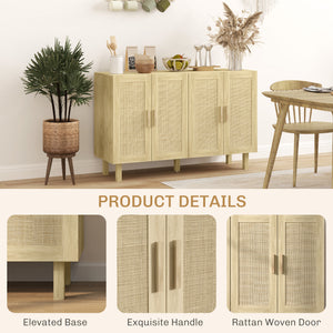 Storage sideboard with 4 rattan doors and adjustable shelves, natural