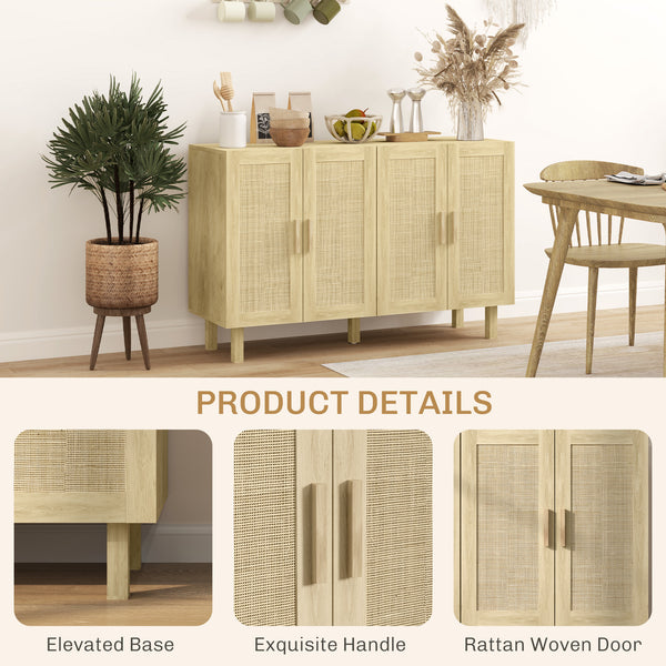 Storage sideboard with 4 rattan doors and adjustable shelves, natural