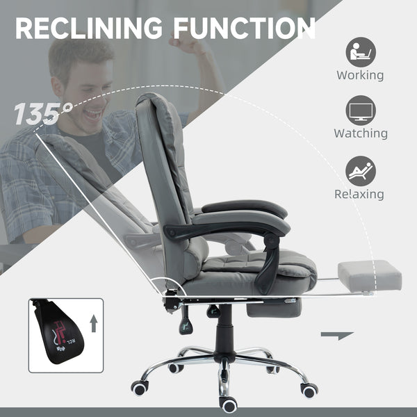 Chaise de bureau à dossier haut en similicuir avec repose-pieds rétractable et accoudoirs rembourrés, gris