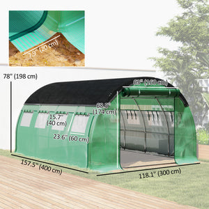 Heated tunnel greenhouse with shade netting, roll-up mesh side panels, green