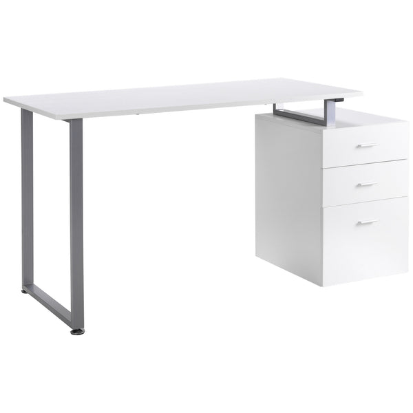 Computer desk with reversible multi-use filing drawers, white