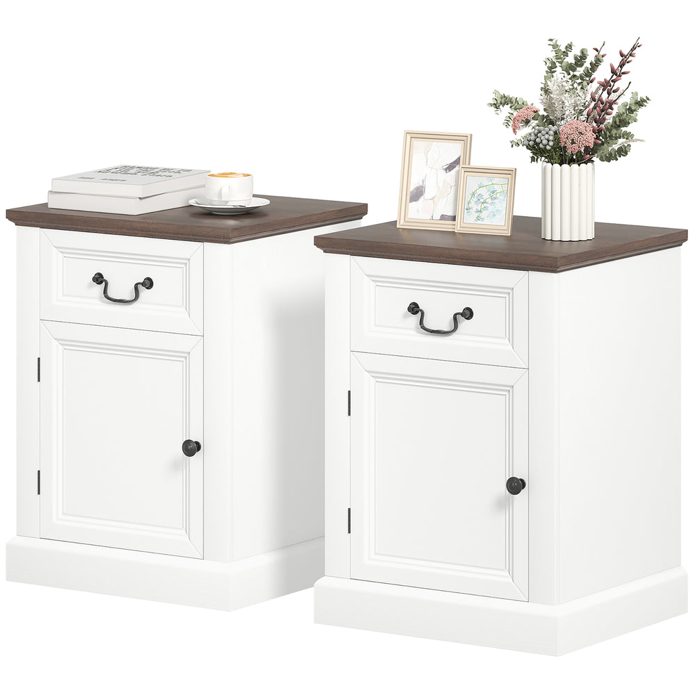 Set of 2 side tables with drawer and cupboard, white.
