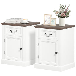Set of 2 side tables with drawer and cupboard, white.