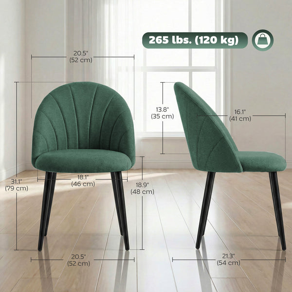 Set of 4 modern dining chairs with metal legs, shell back, and upholstered seat, green.