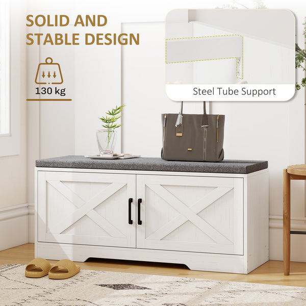 Banc d’entrée avec rangement pour chaussures, tablettes ajustables et coussin – Blanc et gris