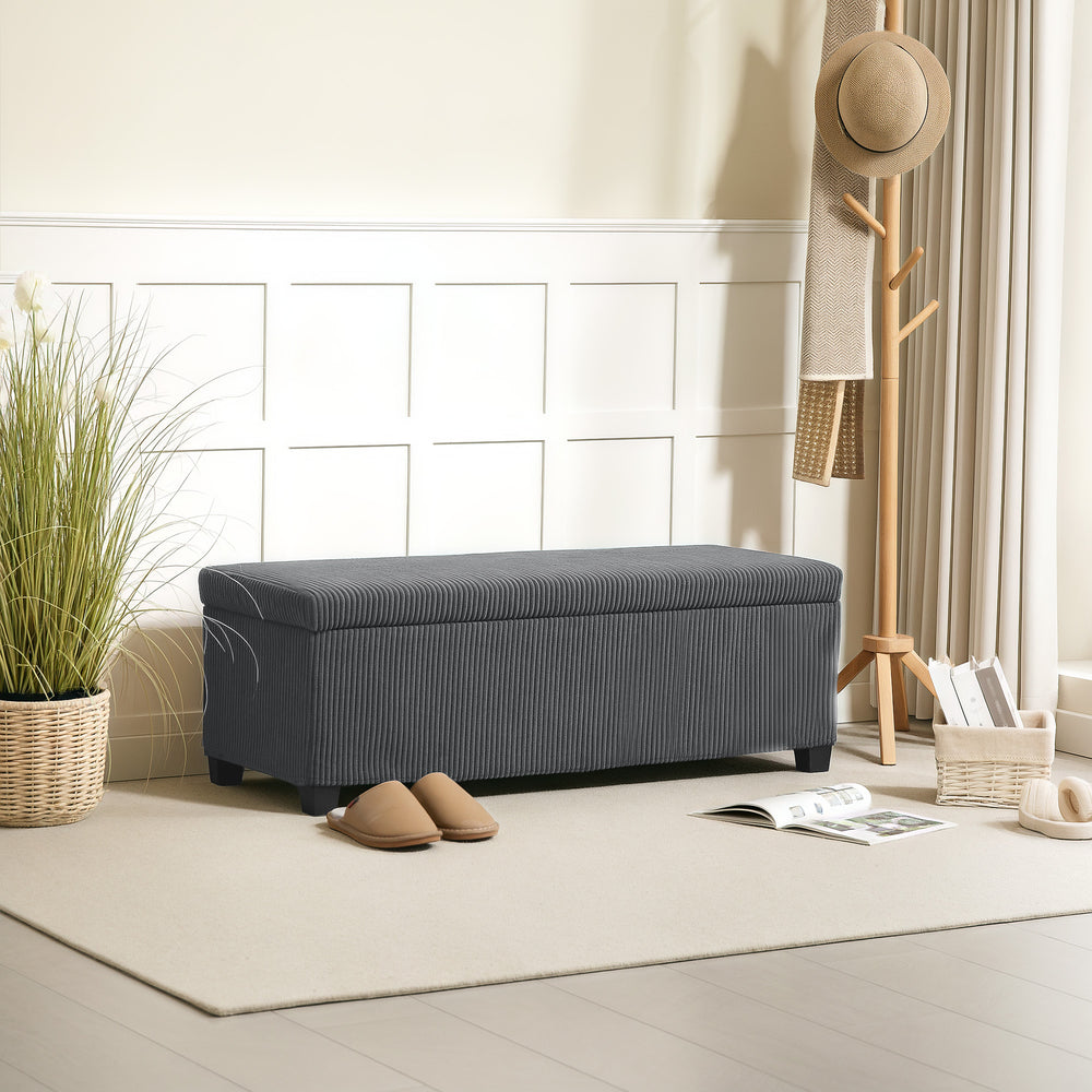 Banc ottoman avec rangement en velours côtelé et assise rembourrée – Gris
