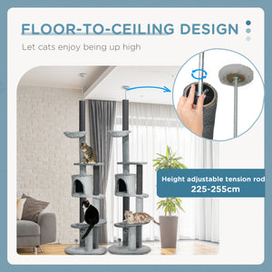 226-254cm Cat Tree with Hammock, Scratching Posts, Cabin, Perches, Play Ball, Grey