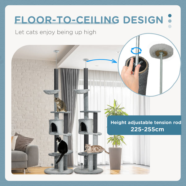 226-254cm Cat Tree with Hammock, Scratching Posts, Cabin, Perches, Play Ball, Grey