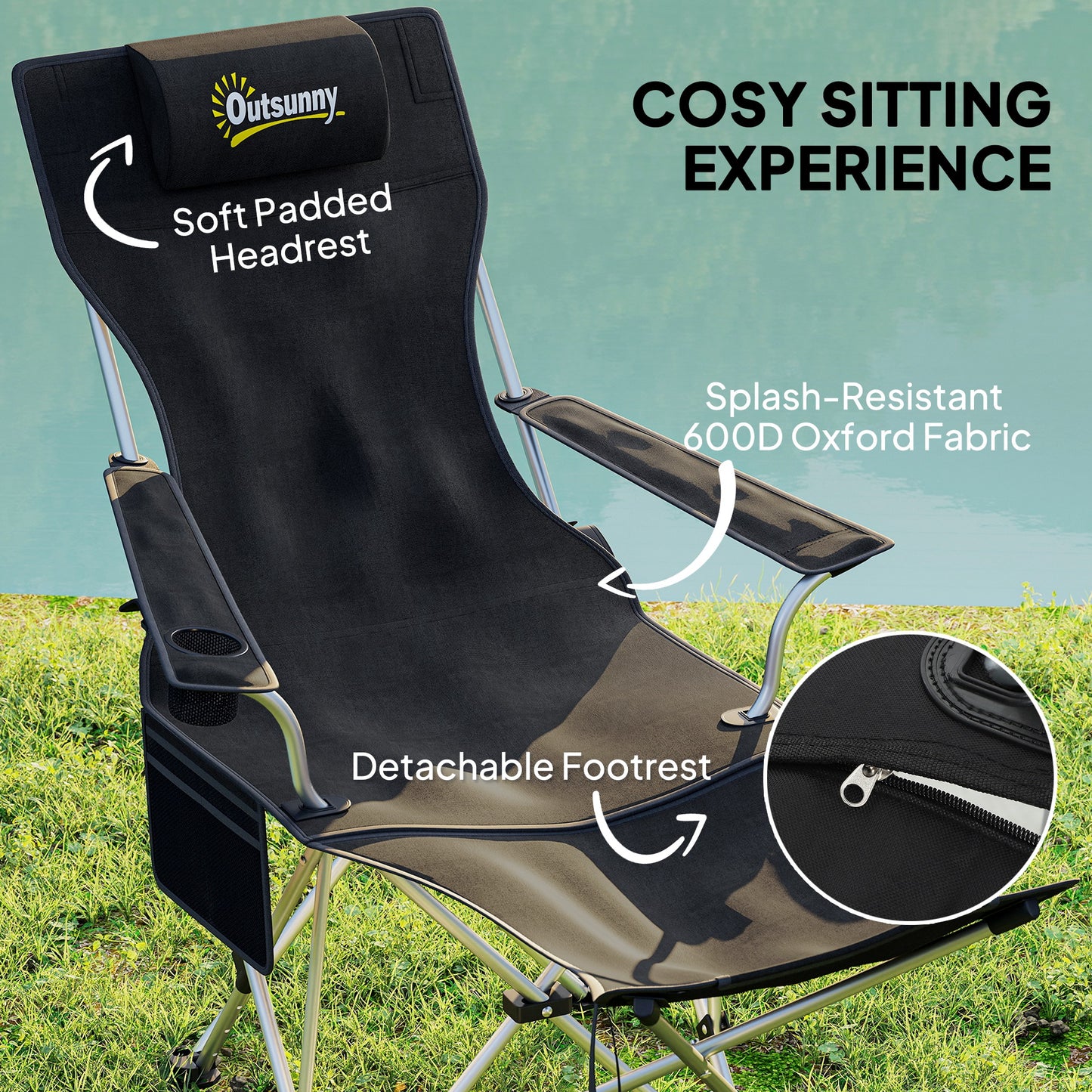 Outsunny Lot de 2 chaises de camping inclinables avec repose-pieds, chaise de camping pliante avec appui-tête, porte-gobelet, sac de rangement, noir