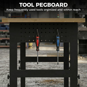 48" Adjustable Workbench, Heavy-Duty Work Table with Rubberwood Top, Power Outlets, Pegboard, 2000 LBS Capacity