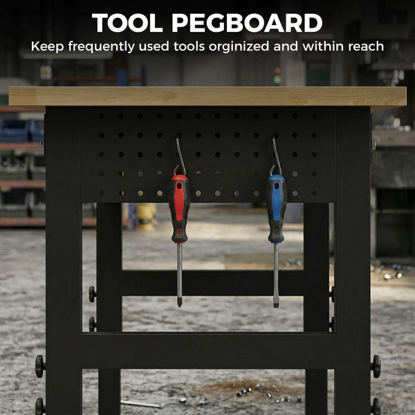 48" Adjustable Workbench, Heavy-Duty Work Table with Rubberwood Top, Power Outlets, Pegboard, 2000 LBS Capacity