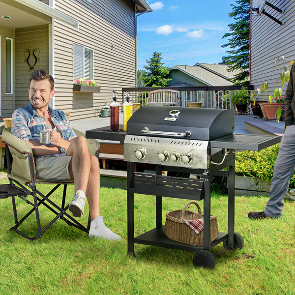 38,000 BTU propane gas barbecue with 3 main burners and 1 side burner, black