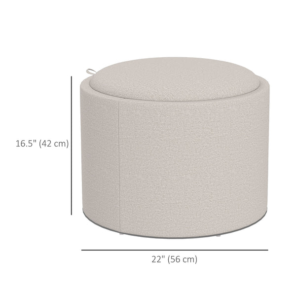 Table basse ronde avec rangement dissimulé et plateau rembourré en lin