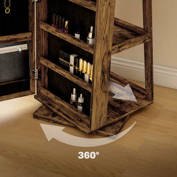Armoire à bijoux pivotante à 360°, verrouillable, avec miroir intégré, brun rustique