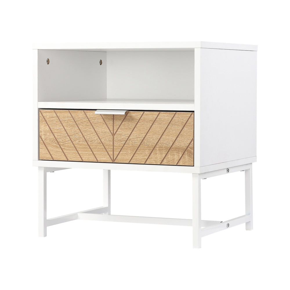 Table de chevet moderne avec tiroir et étagère de rangement, blanc et chêne