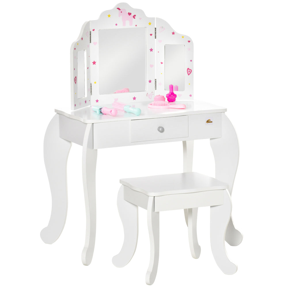 Ensemble coiffeuse avec miroirs pliables, tiroir à motifs étoiles et cœurs, blanc
